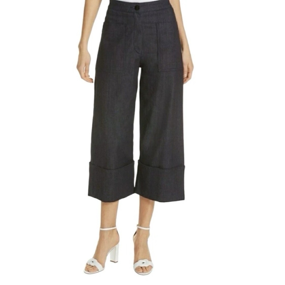 Kate Spade Denim Cropped Wide Leg Blue Indigo Jeans Size 6 Cuffed Patch Pocket